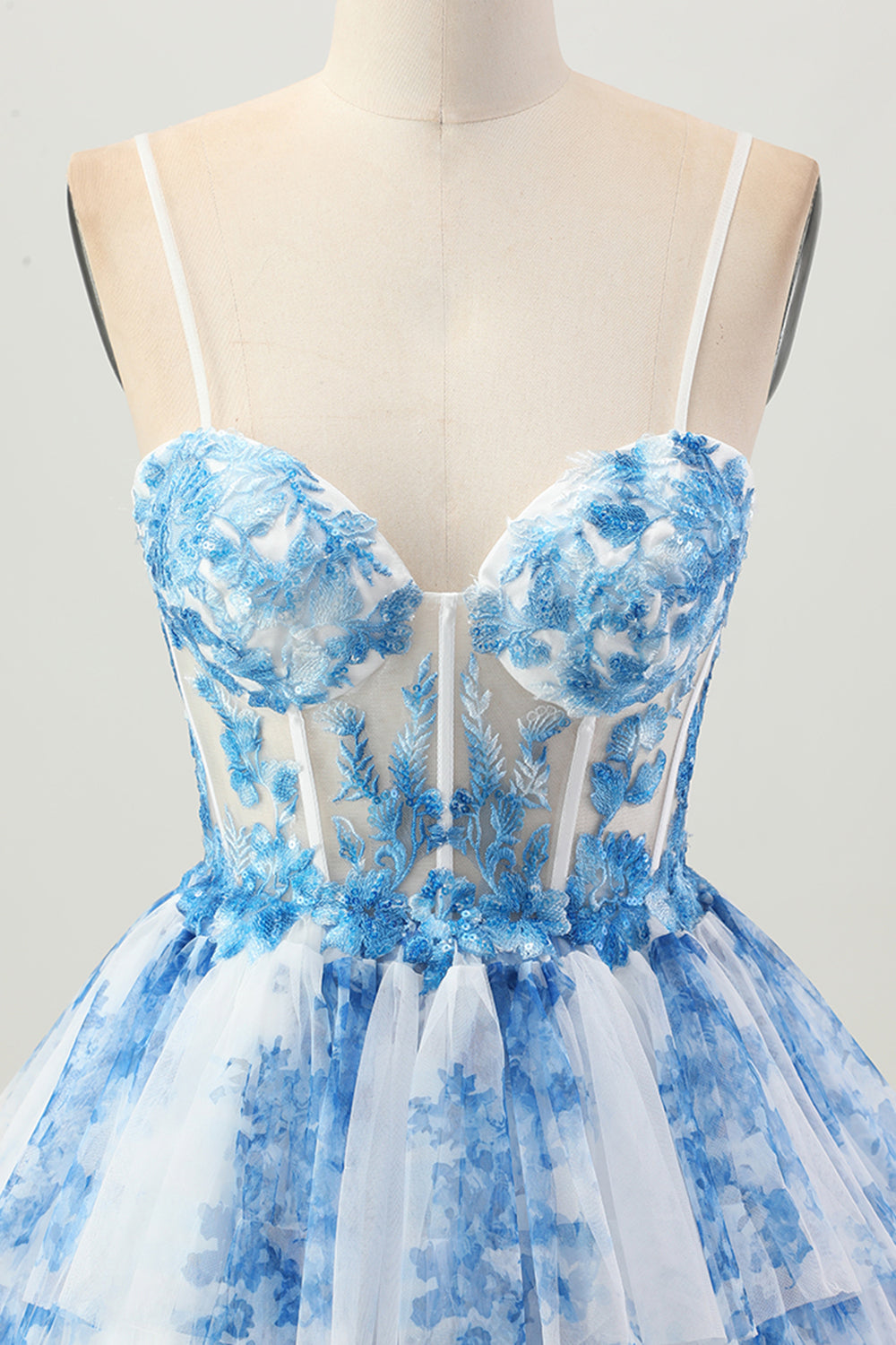 Blanc Bleu Fleur Une Ligne Corset Robe De Cocktail À Niveaux