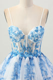Blanc Bleu Fleur Une Ligne Corset Robe De Cocktail À Niveaux