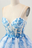 Blanc Bleu Fleur Une Ligne Corset Robe De Cocktail À Niveaux