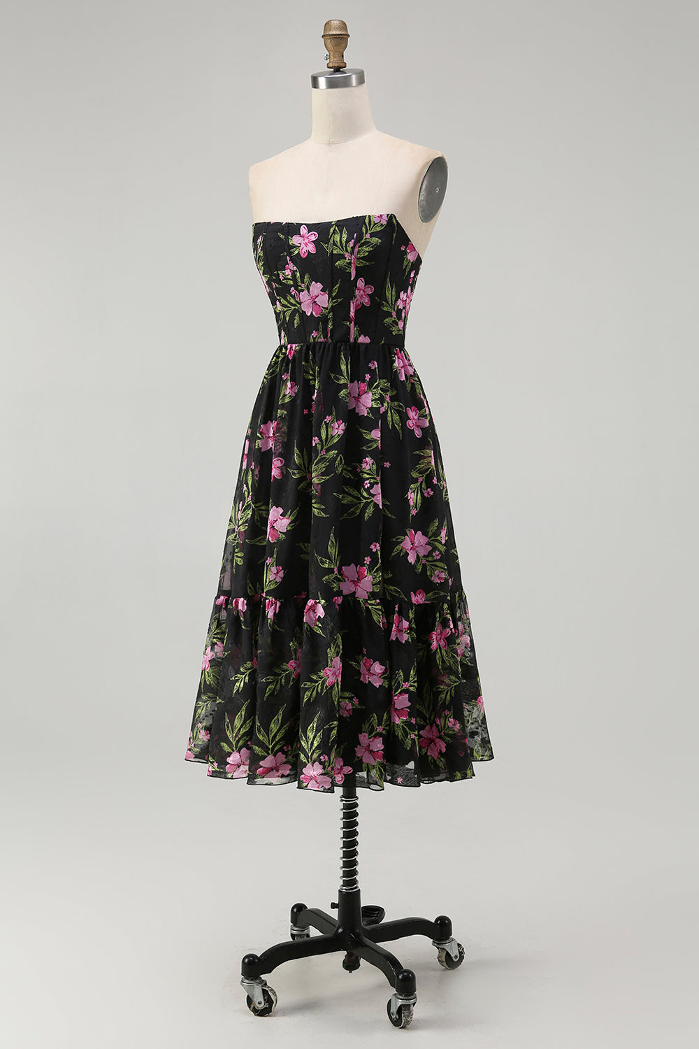 Sans bretelles Noir Rose Floral Une Ligne Midi Robe de demoiselle d’honneur
