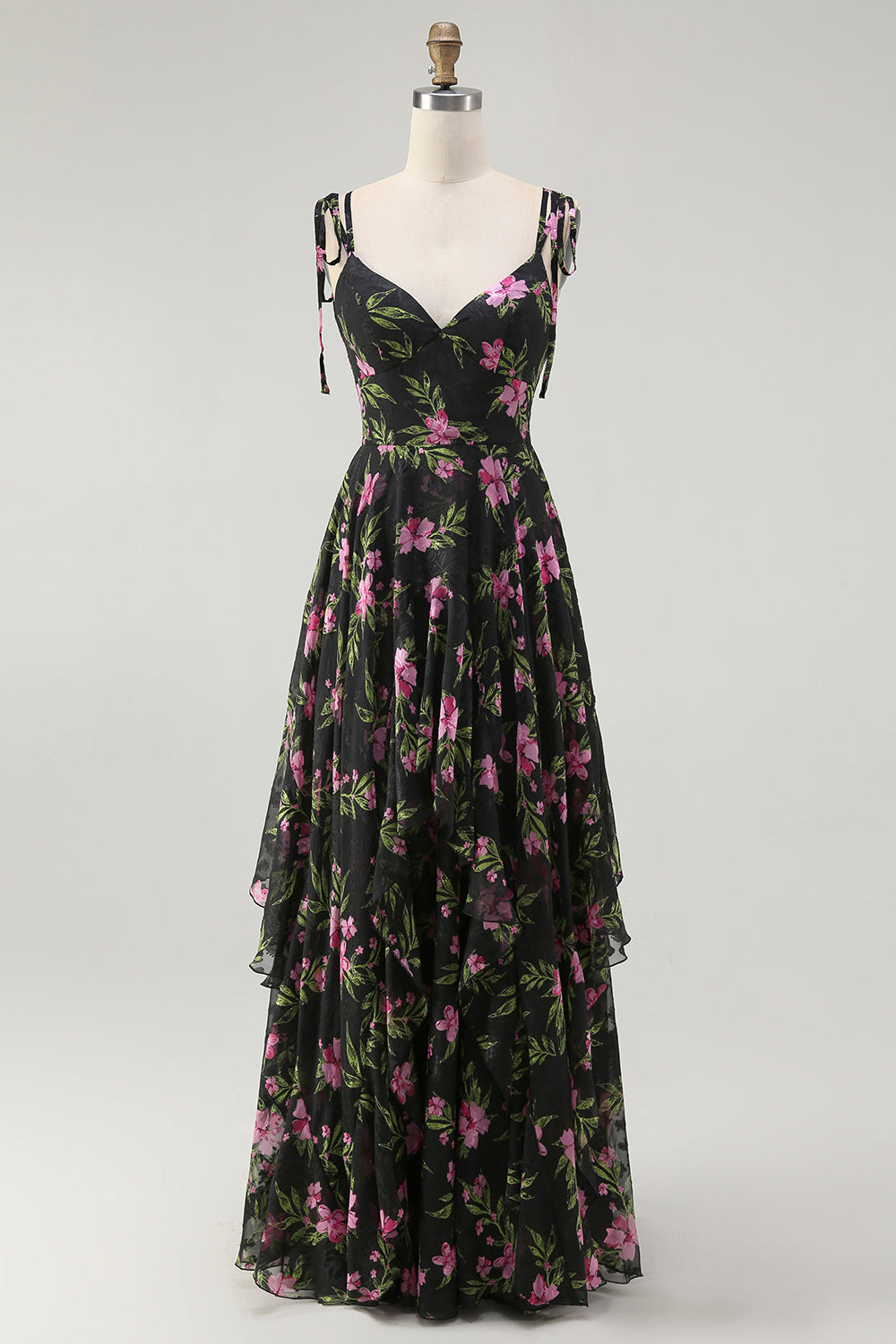 Noir Rose Floral A Ligne Spaghetti Bretelles Niveaux Longue Robe de demoiselle d’honneur