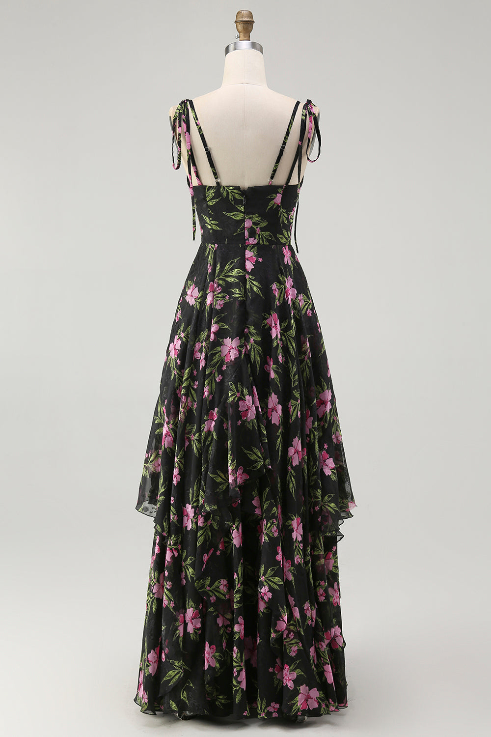 Noir Rose Floral A Ligne Spaghetti Bretelles Niveaux Longue Robe de demoiselle d’honneur