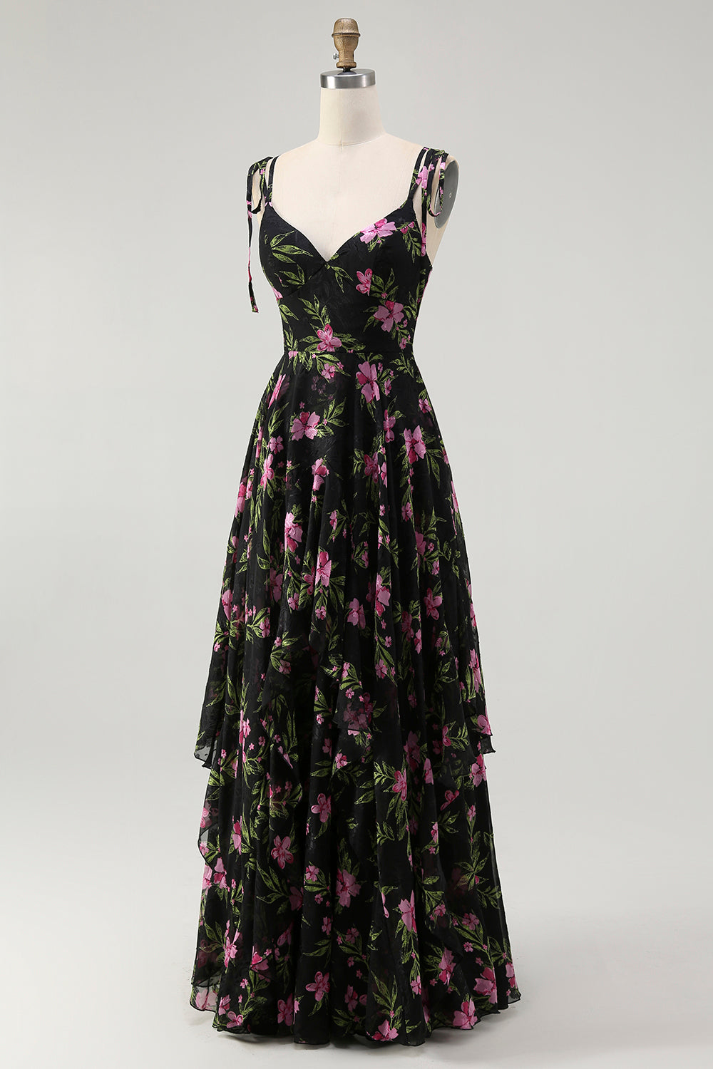 Noir Rose Floral A Ligne Spaghetti Bretelles Niveaux Longue Robe de demoiselle d’honneur