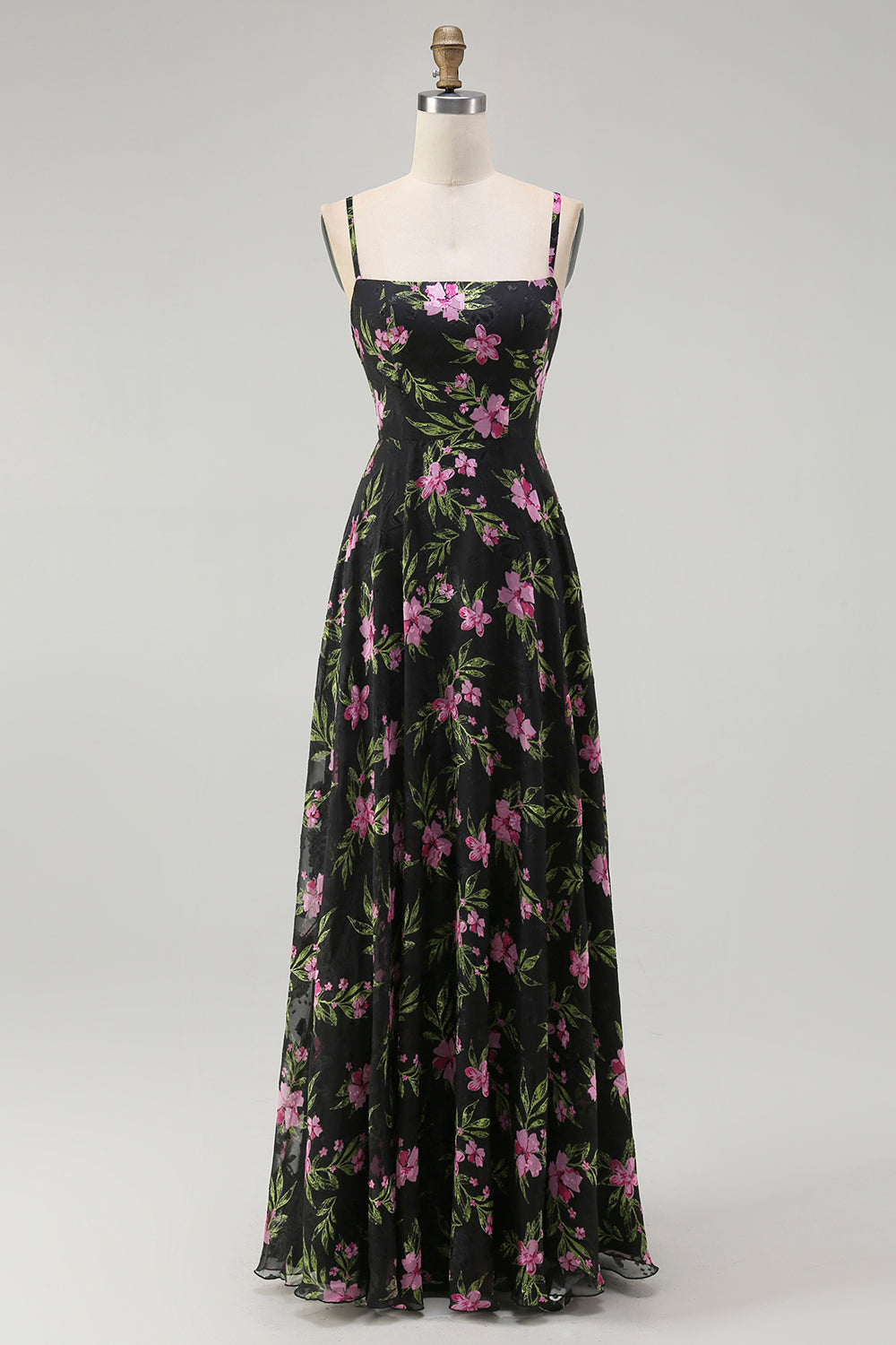 Noir Rose Floral Spaghetti Bretelles Une Ligne Longue Robe de demoiselle d’honneur