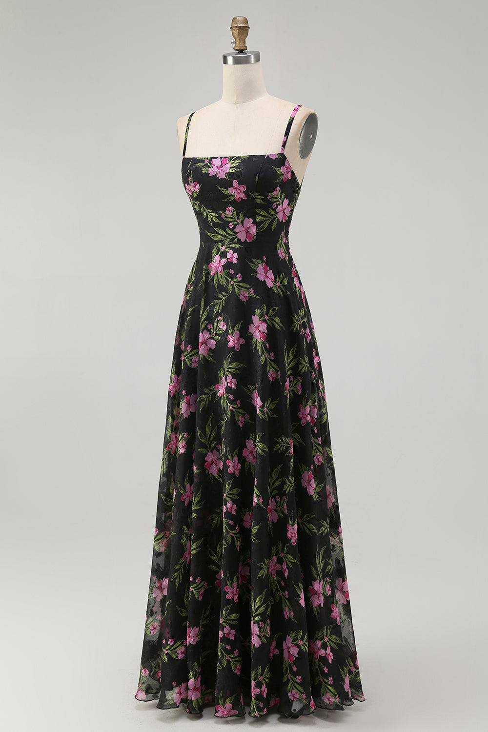 Noir Rose Floral Spaghetti Bretelles Une Ligne Longue Robe de demoiselle d’honneur