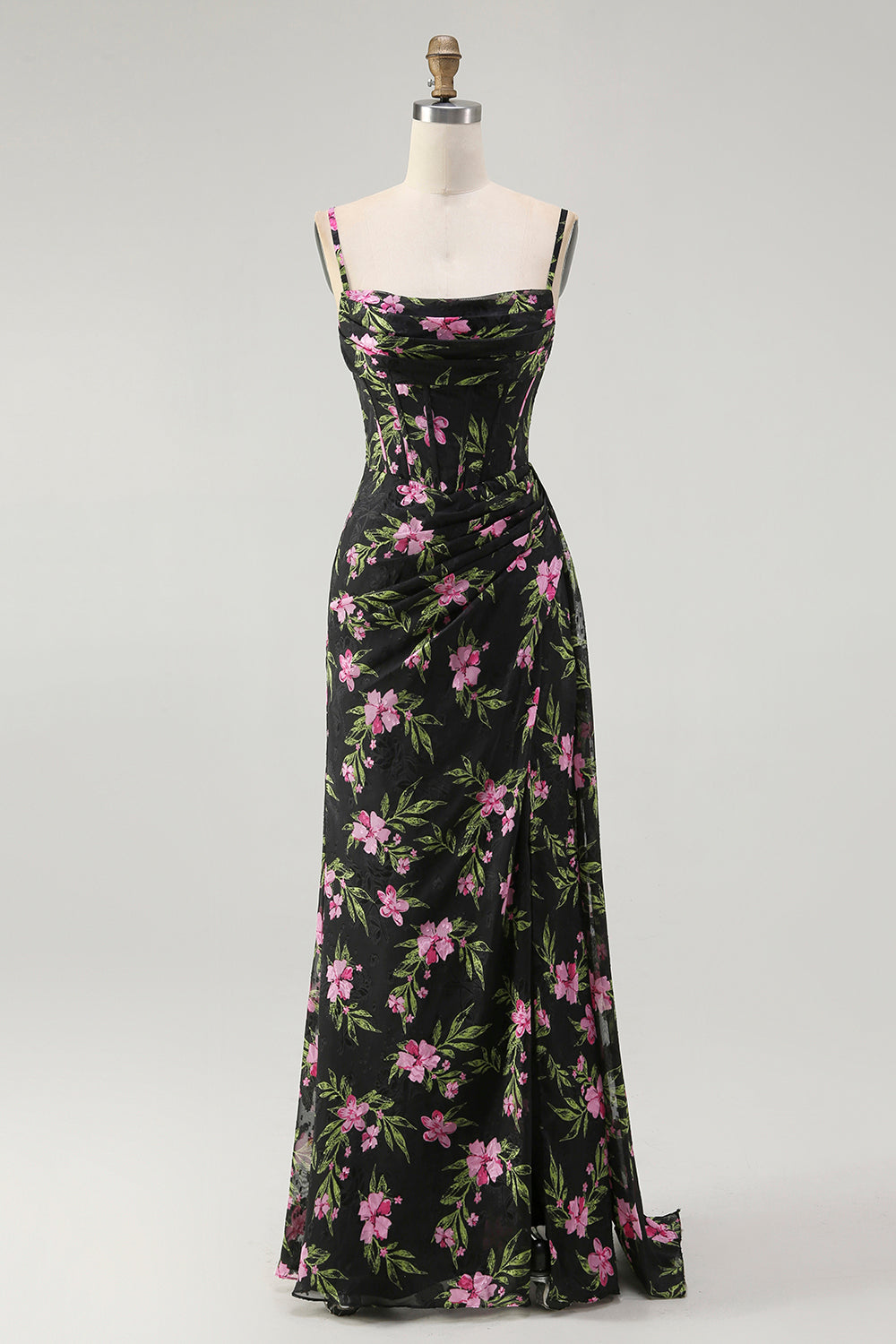 Noir Rose Floral Spaghetti Bretelles Corset Une Ligne Longue Robe de demoiselle d’honneur