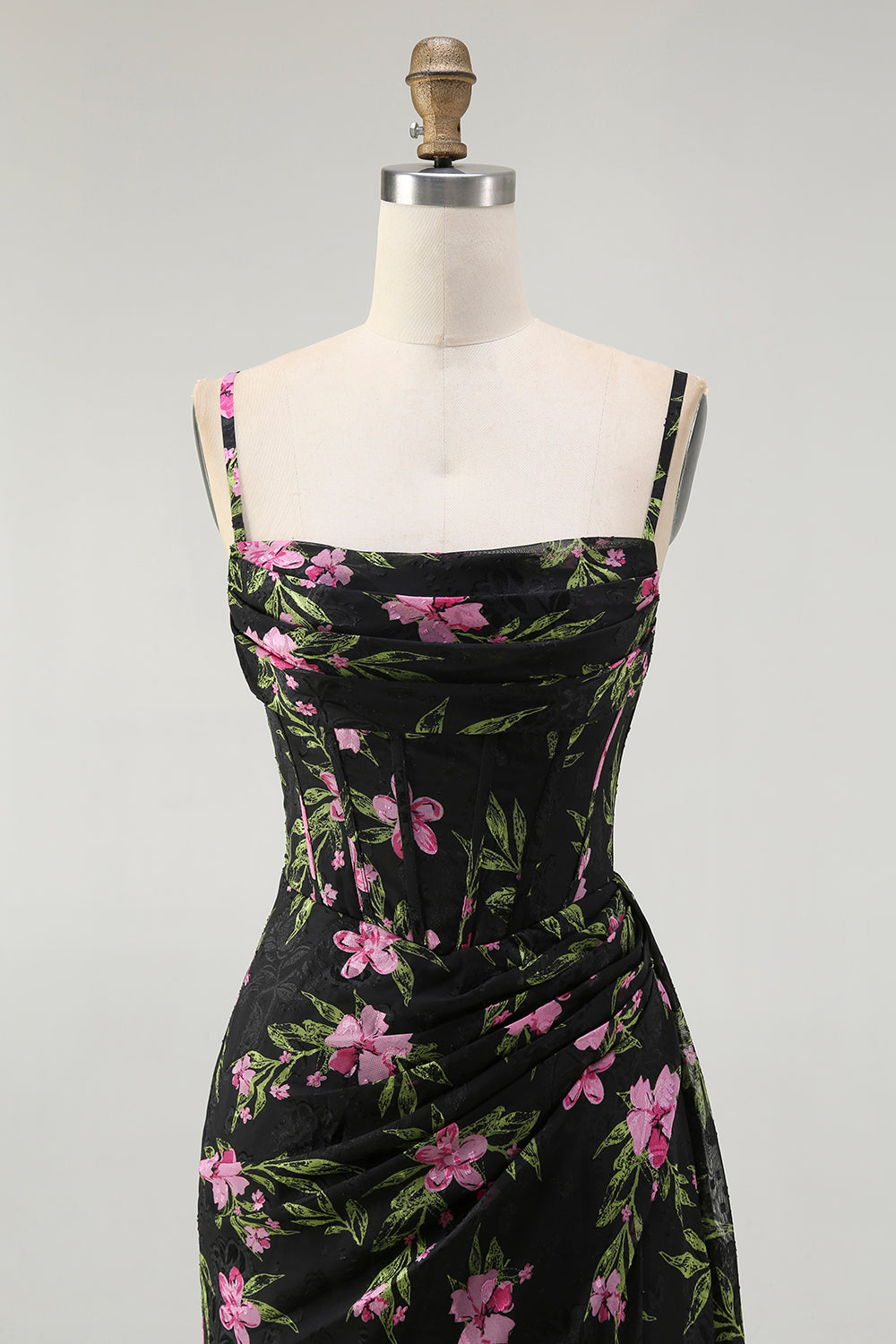 Noir Rose Floral Spaghetti Bretelles Corset Une Ligne Longue Robe de demoiselle d’honneur