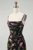 Noir Rose Floral Spaghetti Bretelles Corset Une Ligne Longue Robe de demoiselle d’honneur