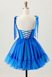 Une ligne Robe de bal à volants à bretelles spaghetti bleu royal