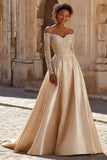 Robe de mariée en satin champagne à épaules dénudées princesse avec dentelle