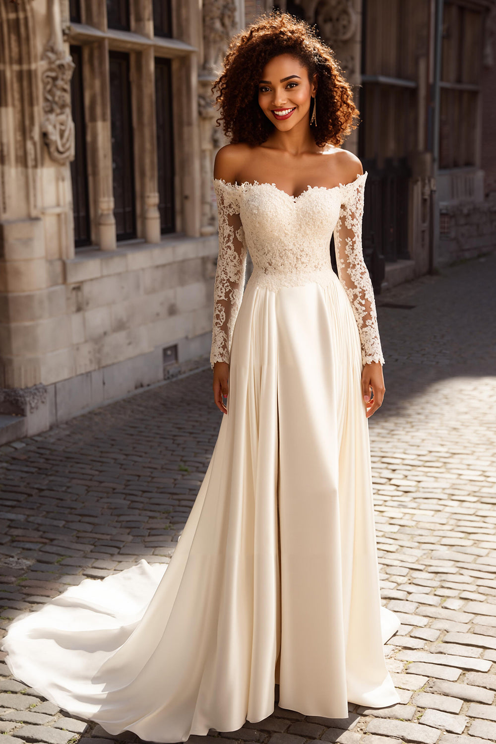 Robe de mariée ivoire à épaules dénudées en satin A-trapèze avec dentelle