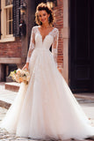 Ivoire en tulle à col en V princesse à manches longues Robe de mariée longueur au sol avec dentelle