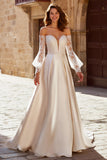 Robe de mariée en satin ivoire trapèze à épaules dénudées avec dentelle
