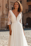 Robe de mariée longue à manches longues à col en V ivoire