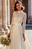 Ivoire Une Ligne Manches Longues Col Haut Balayage Train Robe de mariée avec dentelle