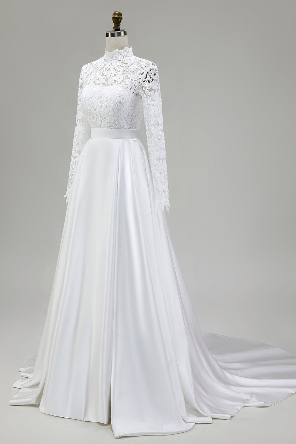 Ivoire Une Ligne Manches Longues Col Haut Balayage Train Robe de mariée avec dentelle