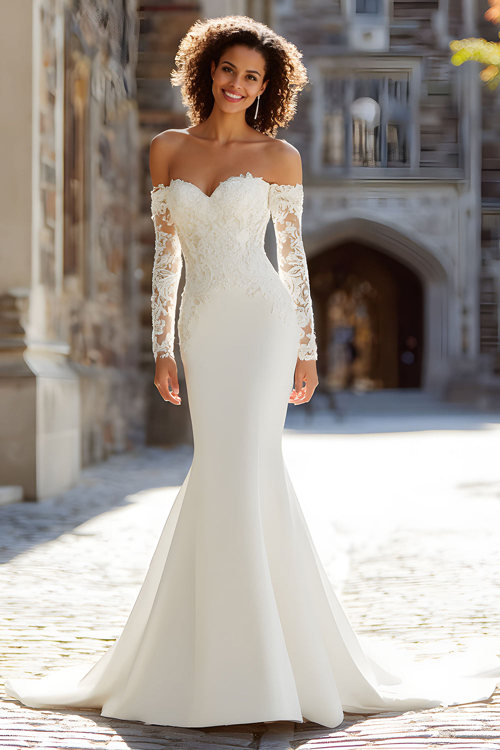 Robe de mariée sirène blanche à épaules dénudées en dentelle appliquée à balayage