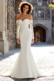 Robe de mariée sirène blanche à épaules dénudées en dentelle appliquée à balayage