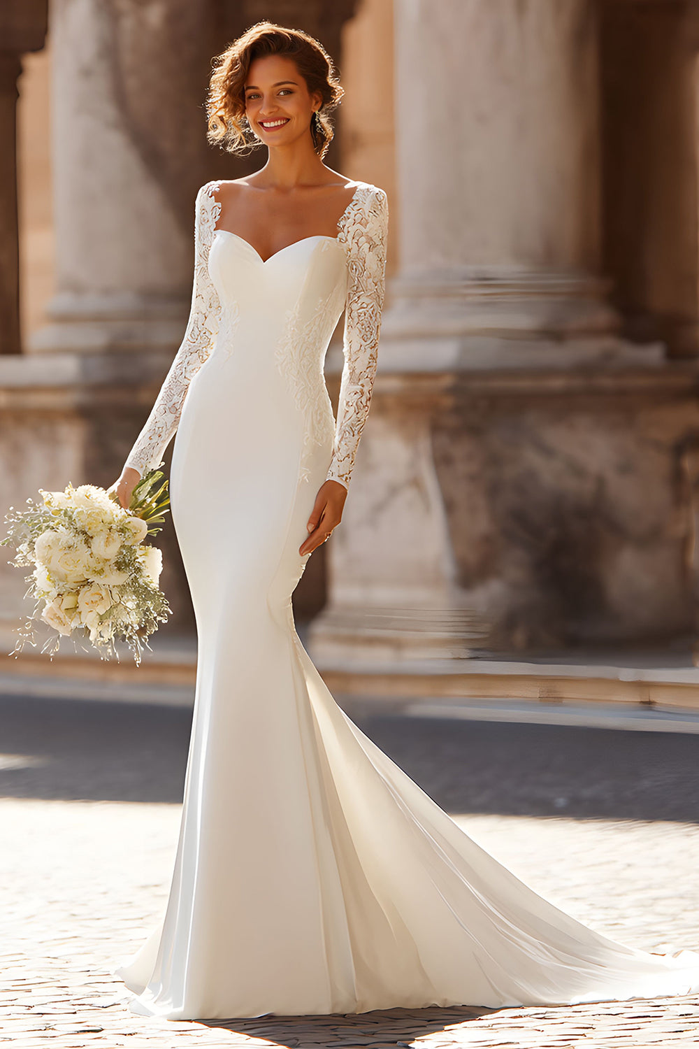 Sirène dentelle blanche Applique Court Train Robe de mariée