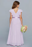 Robe de demoiselle d’honneur junior longue en mousseline de soie a-trapèze lilas avec volants