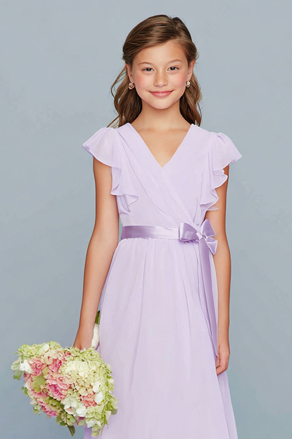 Robe de demoiselle d’honneur junior longue en mousseline de soie a-trapèze lilas avec volants
