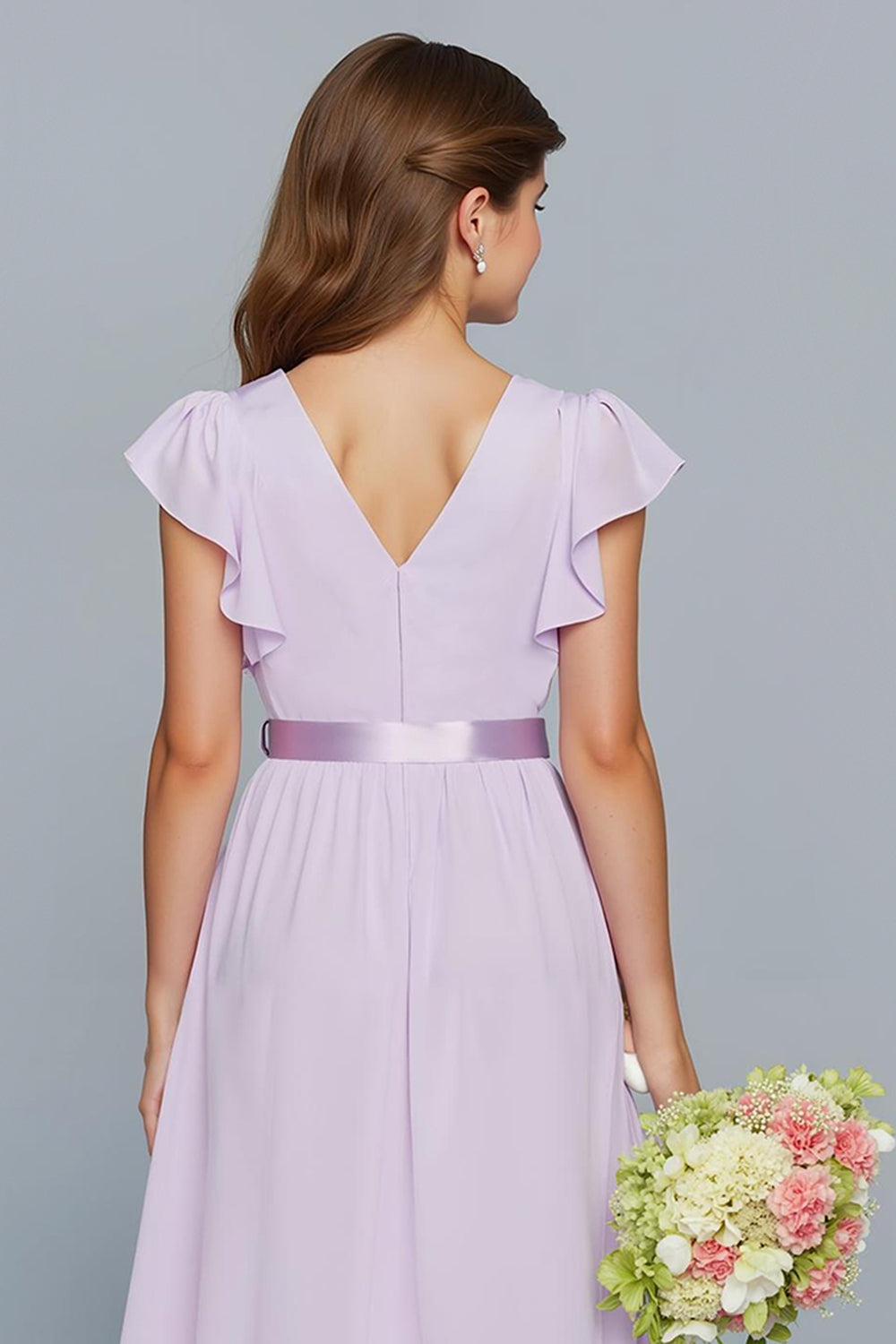 Robe de demoiselle d’honneur junior longue en mousseline de soie a-trapèze lilas avec volants