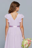 Robe de demoiselle d’honneur junior longue en mousseline de soie a-trapèze lilas avec volants