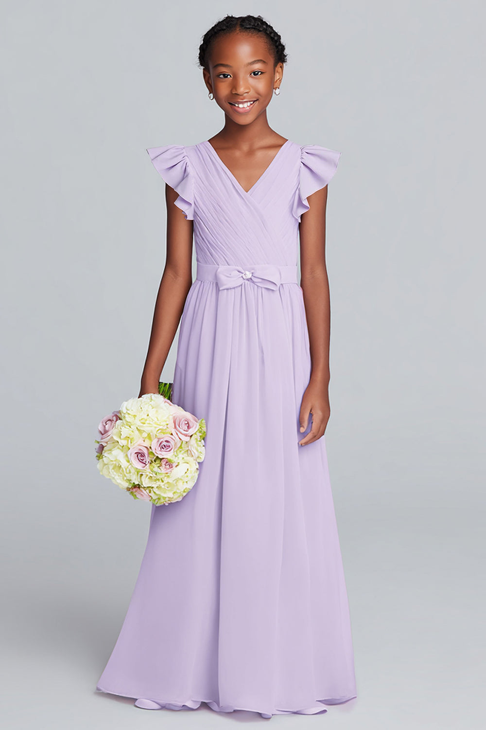 Robe de demoiselle d’honneur junior longue en mousseline de soie a-ligne lilas à col en V avec volants