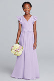 Robe de demoiselle d’honneur junior longue en mousseline de soie a-ligne lilas à col en V avec volants