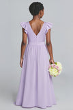Robe de demoiselle d’honneur junior longue en mousseline de soie a-ligne lilas à col en V avec volants