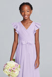 Robe de demoiselle d’honneur junior longue en mousseline de soie a-ligne lilas à col en V avec volants