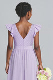 Robe de demoiselle d’honneur junior longue en mousseline de soie a-ligne lilas à col en V avec volants