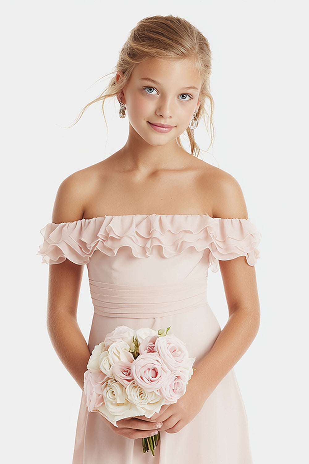 Blush rose dénudé épaule trapèze Robe de demoiselle d’honneur junior courte avec volants