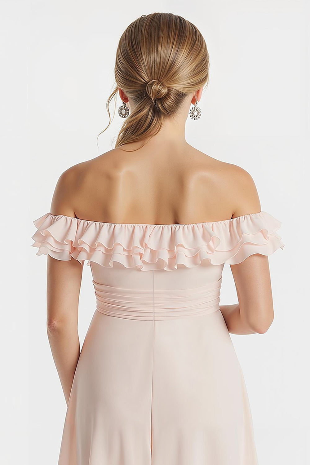 Blush rose dénudé épaule trapèze Robe de demoiselle d’honneur junior courte avec volants