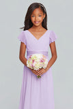 Linaxe en mousseline de soie lilas col en V trapèze longue robe de demoiselle d’honneur junior avec manches