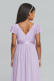 Linaxe en mousseline de soie lilas col en V trapèze longue robe de demoiselle d’honneur junior avec manches
