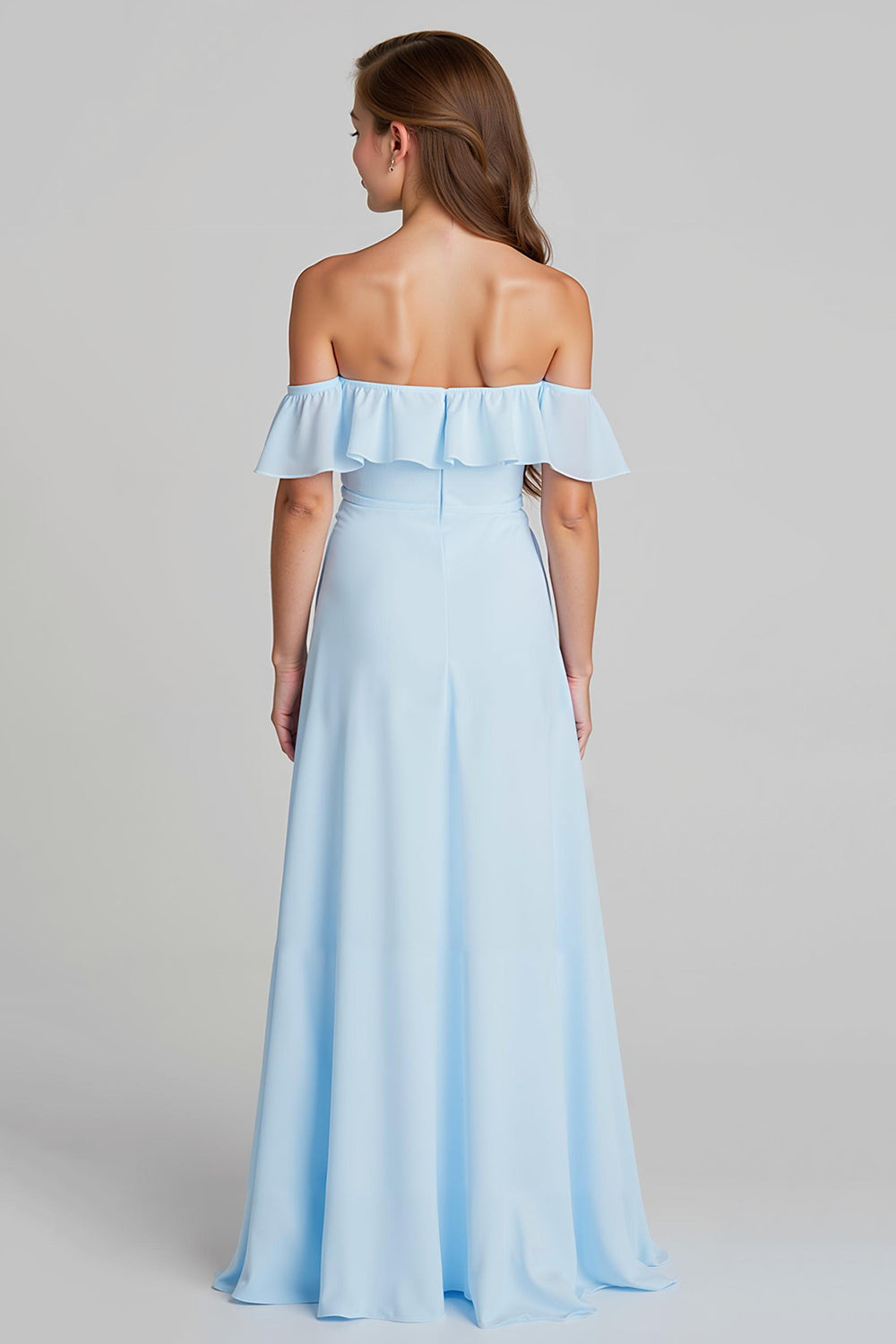 Bleu ciel Épaule dénudée en mousseline de soie A-ligne Robe de demoiselle d’honneur junior longue