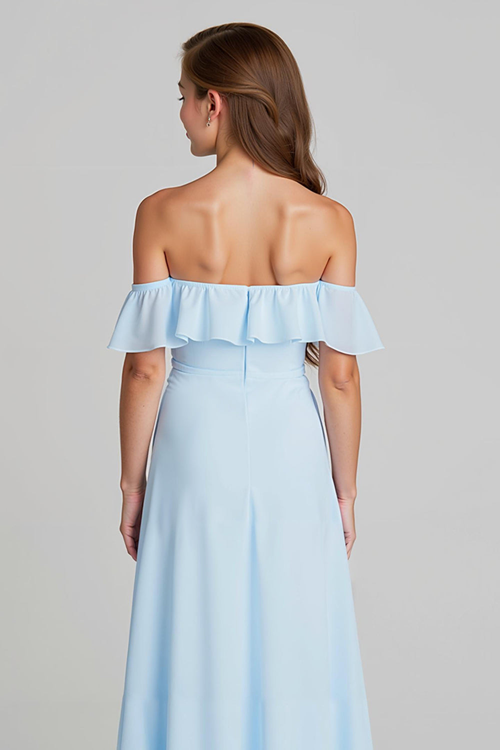 Bleu ciel Épaule dénudée en mousseline de soie A-ligne Robe de demoiselle d’honneur junior longue