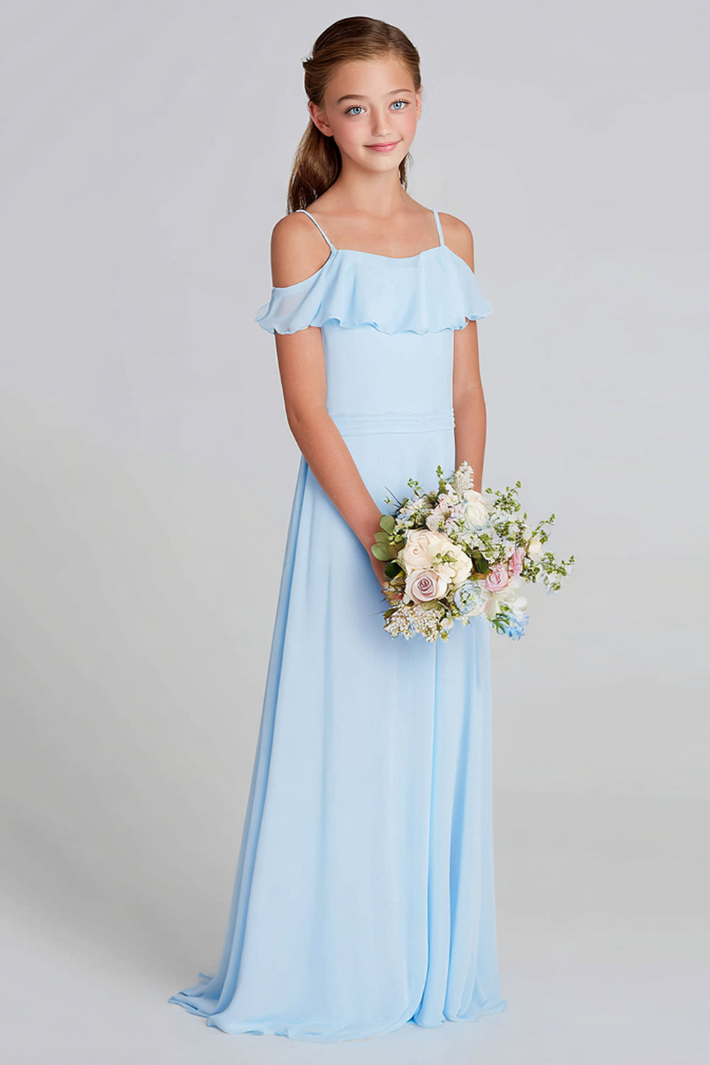 Mousseline de soie bleu ciel trapèze épaule froide longue robe de demoiselle d’honneur junior