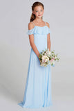 Mousseline de soie bleu ciel trapèze épaule froide longue robe de demoiselle d’honneur junior