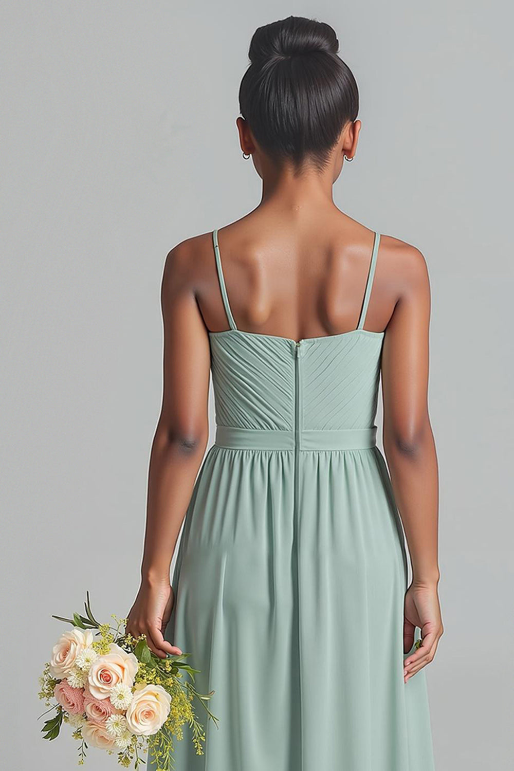 Matcha spaghetti bretelles mousseline de soie A-ligne longue robe de demoiselle d’honneur junior