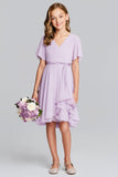 Robe de demoiselle d’honneur junior en mousseline de soie à col en V violet trapèze avec manches courtes