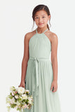 Robe de demoiselle d’honneur junior en mousseline de soie A-ligne vert sauge