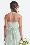 Robe de demoiselle d’honneur junior en mousseline de soie A-ligne vert sauge
