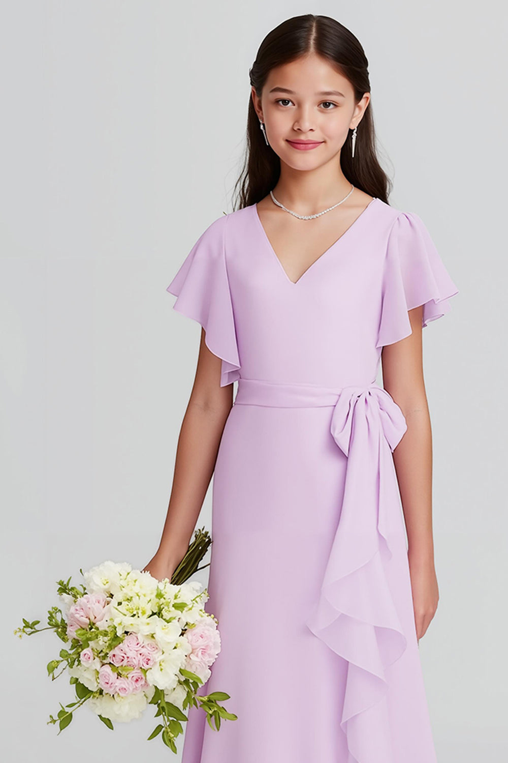 Violet V-Neck A-ligne Mousseline de soie Manches courtes Longue Robe de demoiselle d’honneur Junior