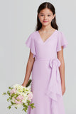 Violet V-Neck A-ligne Mousseline de soie Manches courtes Longue Robe de demoiselle d’honneur Junior