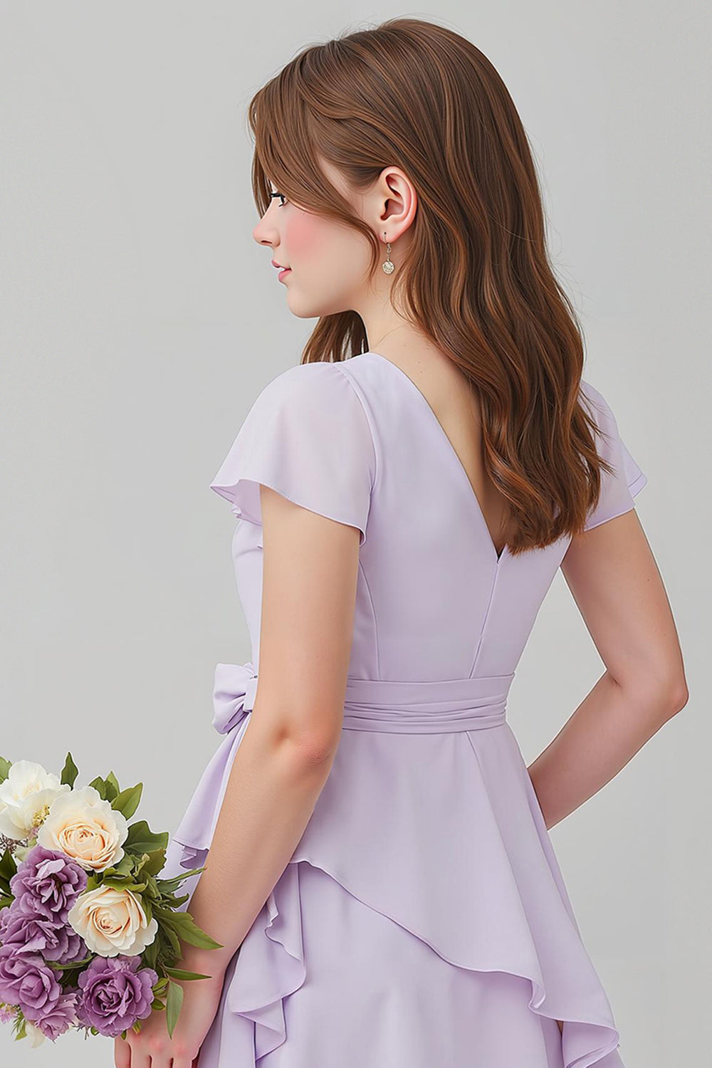 Violet en mousseline de soie V-col A-ligne Short Junior Demoiselle d’honneur Robe avec Volants