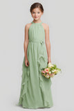 Robe de demoiselle d’honneur junior en mousseline de soie vert sauge