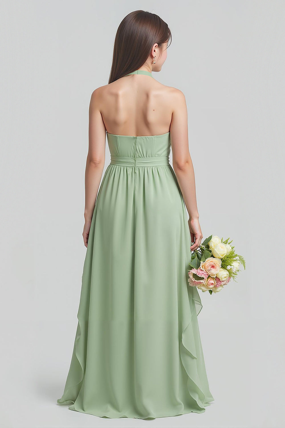 Robe de demoiselle d’honneur junior en mousseline de soie vert sauge