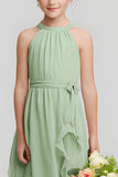 Robe de demoiselle d’honneur junior en mousseline de soie vert sauge